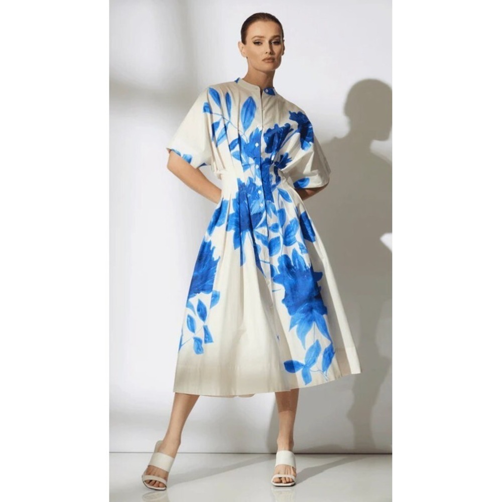 Natori Andora Printed Cotton Poplin Pleated Dress Blue White Size 10 *READ FLAW*